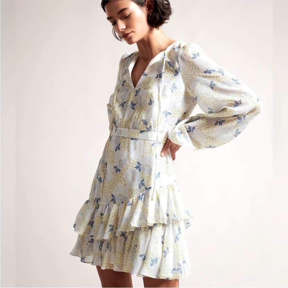 Ted Baker Suziiee Boho White Floral Waisted Mini Dress Peasant Bell Sleeve 6